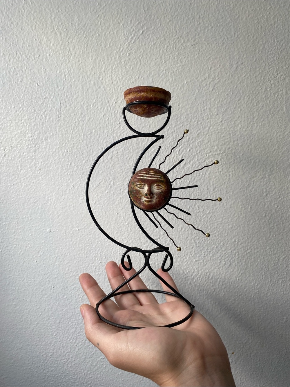 Celestial Sun & Moon Metal Sculpture Cone Incense Holder Copper and Black